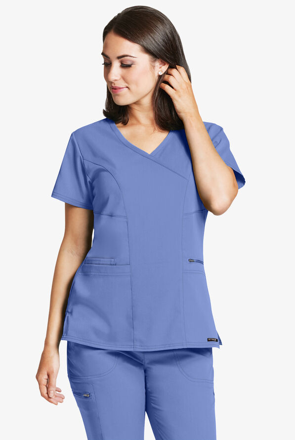 Grey's Anatomy by Barco Spandex STRETCH Kim Women's 3-Pocket Mock Wrap Scrub Top - Ceil Blue - 2
