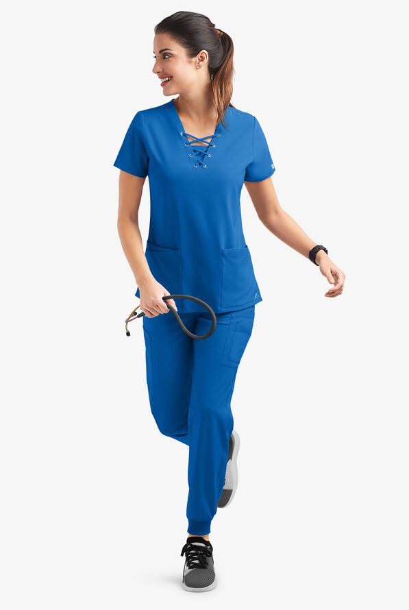 Easy STRETCH Gisele Women's 4-Pocket Lace Up V-Neck Scrub Top - Royal - 6