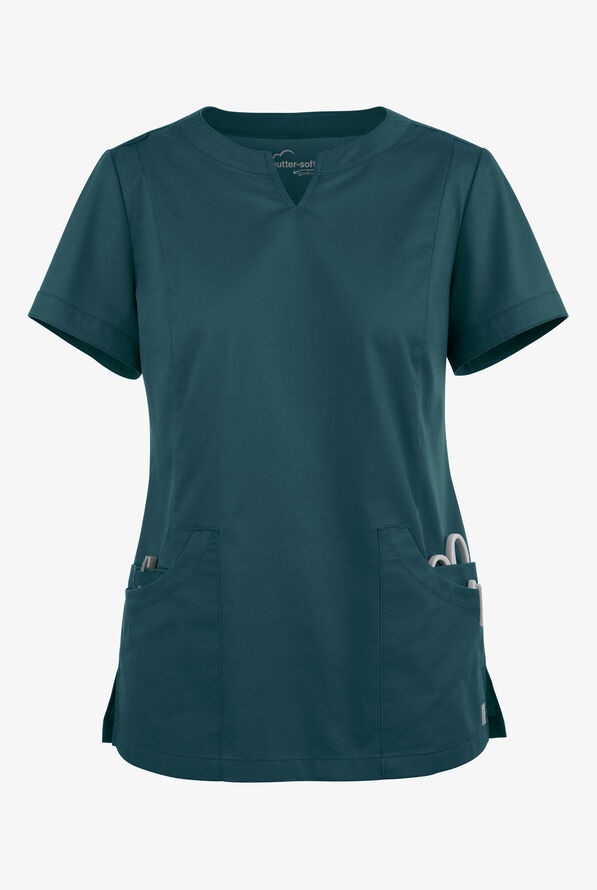 Butter-Soft STRETCH Women's 4-Pocket Notch Neck Scrub Top - Caribbean Blue - 1