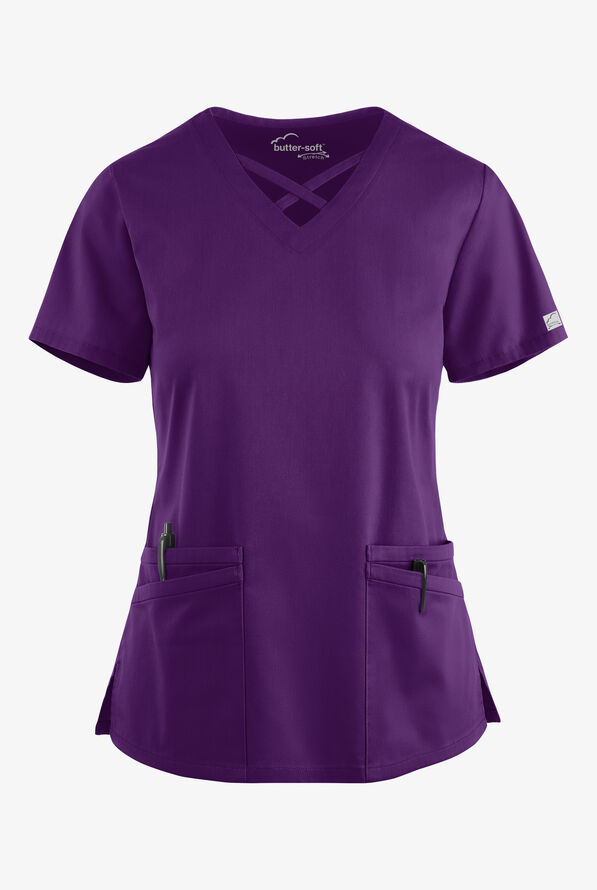 Blusa médica UA Butter-Soft STRETCH con lazos entrecruzados y 4 bolsillos para mujer - Eggplant - 1