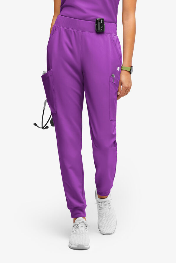 ReSurge Amber Women's Modern 7-Pocket Flat Front Slim Leg Jogger Scrub Pants - Fresh Purple - 1