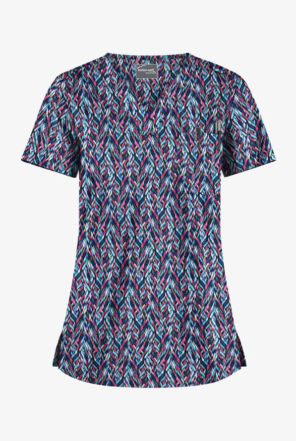 Butter-Soft STRETCH Black Geometric Path Women's 1-Pocket Tuck-In V-Neck Print Scrub Top - null - 1