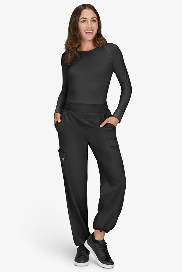 Planet koi Ayla Women's 6-Pocket STRETCH Flat Waist Rouched Cargo Convertible Wide Leg Scrub Pants - Black - 4