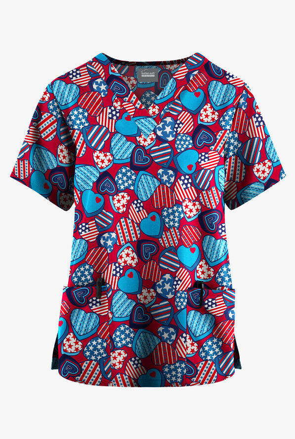 Blusa médica estampada Butter-Soft Originals Candy Hearts Turquoise con cuello en V y 2 bolsillos para mujer - null - 1