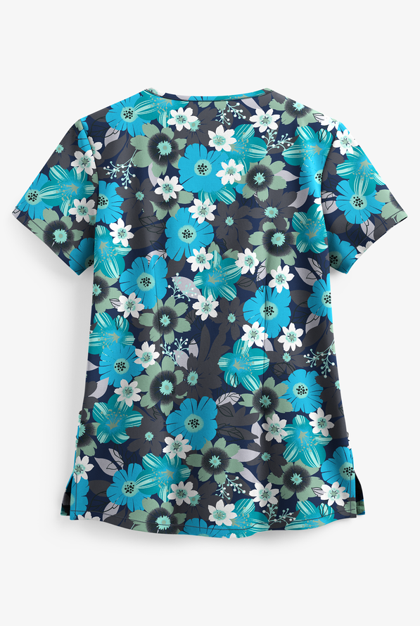 Butter-Soft Botanical Garden Navy Women's 4-Pocket V-Neck Print Scrub Top - null - 2