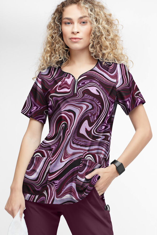 Easy STRETCH Marble Art Onyx Women's 4-Pocket Zip Curved Neck Print Scrub Top - null - 2