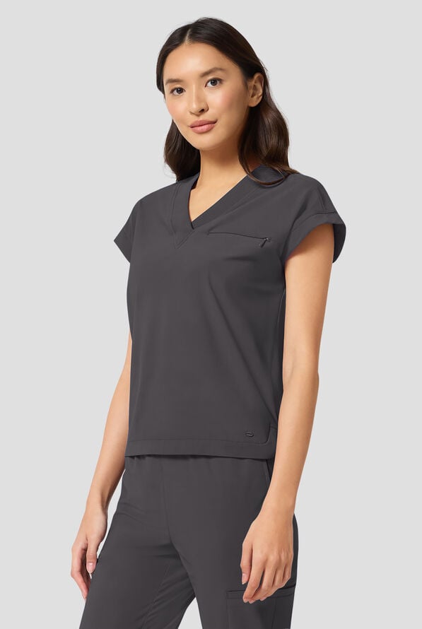 Blusa m&eacute;dica Infinity Pursuit STRETCH con cuello en V de punto acanalado y 1 bolsillo para mujer - Pewter - 2