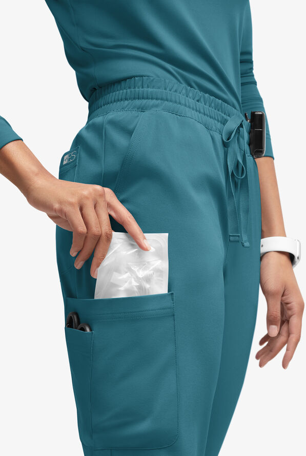 Easy STRETCH Naya Women’s Natural Waist 6-Pocket Straight Leg Scrub Pants - Petite - Caribbean Blue - 2