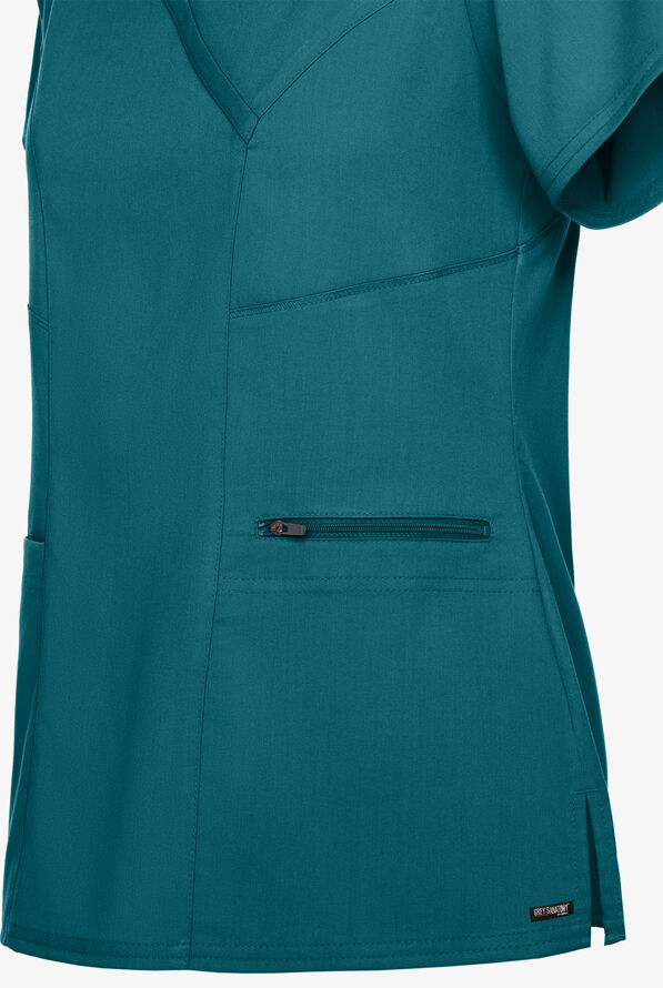 Grey's Anatomy by Barco Spandex STRETCH Kim Women's 3-Pocket Mock Wrap Scrub Top - Bahama Blue - 4