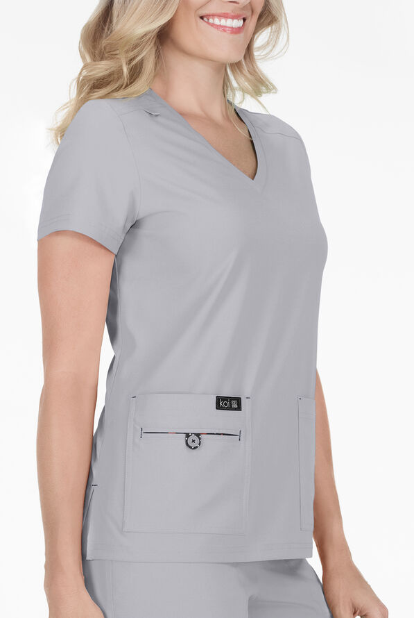 koi Basics Becca Women's 4-Pocket STRETCH V-Neck Scrub Top - Platinum Grey - 2