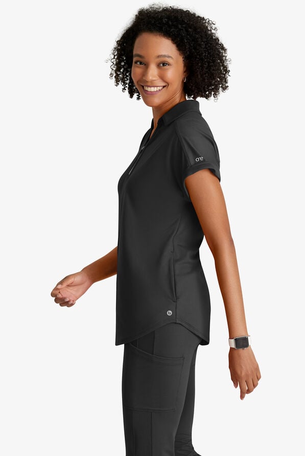 Barco One Performance Knit Engage Women's 2-Pocket STRETCH Dolman Sleeve Zip Neck Scrub Top - Black - 4