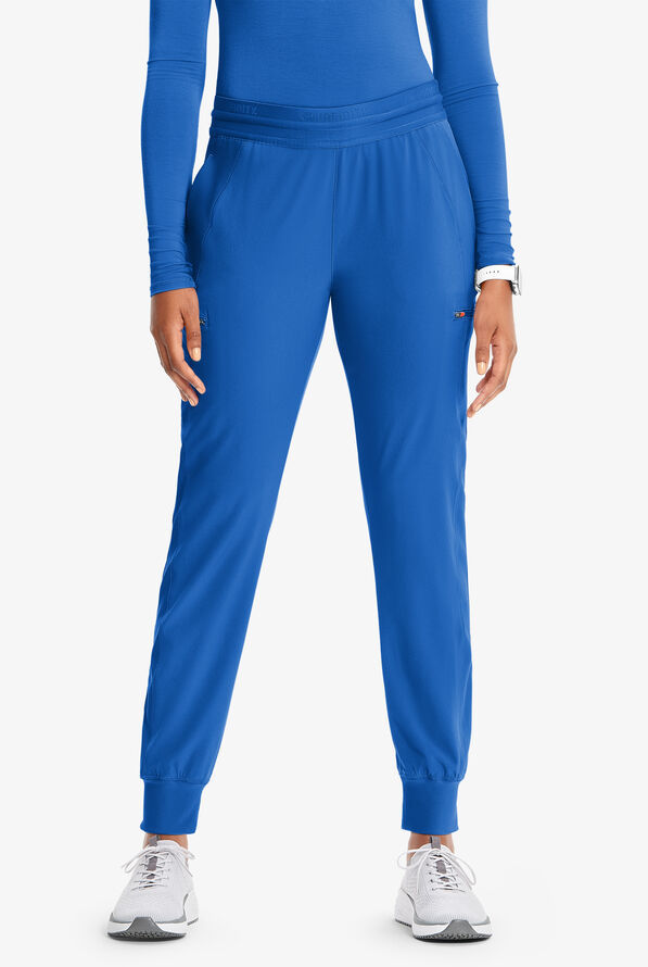 Infinity GNR8 Women's 4-Pocket STRETCH Rib-Knit Internal Drawstring Cargo Jogger Scrub Pants - Petite - Royal/Vivid Orange - 1