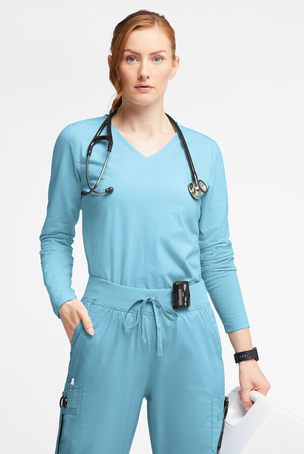 Butter-Soft STRETCH Women&rsquo;s Cotton-Rich V-Neck Knit Underscrub - Poolside View - 3