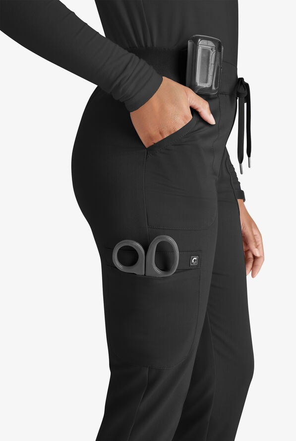 Cherokee Atmos Women's 4-Pocket STRETCH Coolmax Drawstring Cargo Half Jogger Scrub Pants - Black - 2
