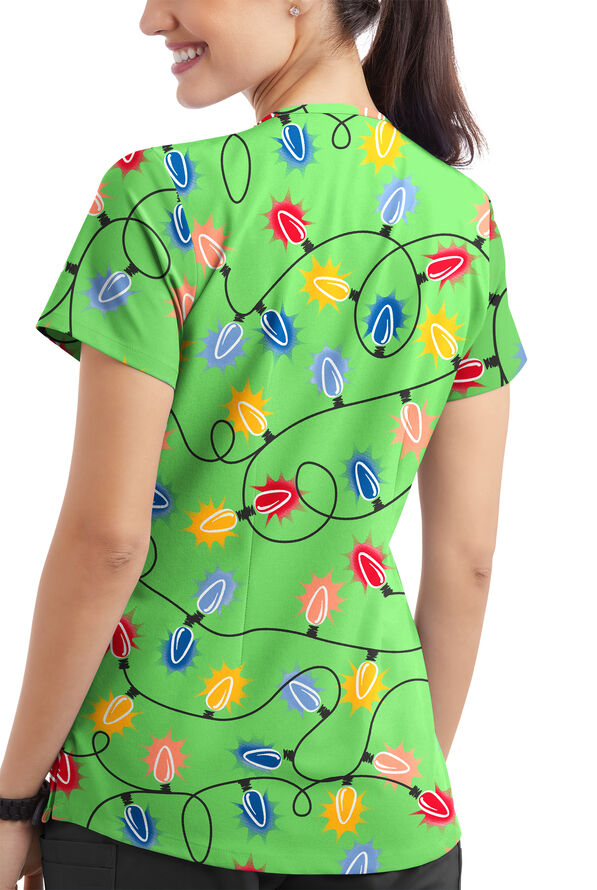 Tafford Active STRETCH Fairy Lights Grass Green Women's 4-Pocket V-Neck Print Scrub Top - null - 2