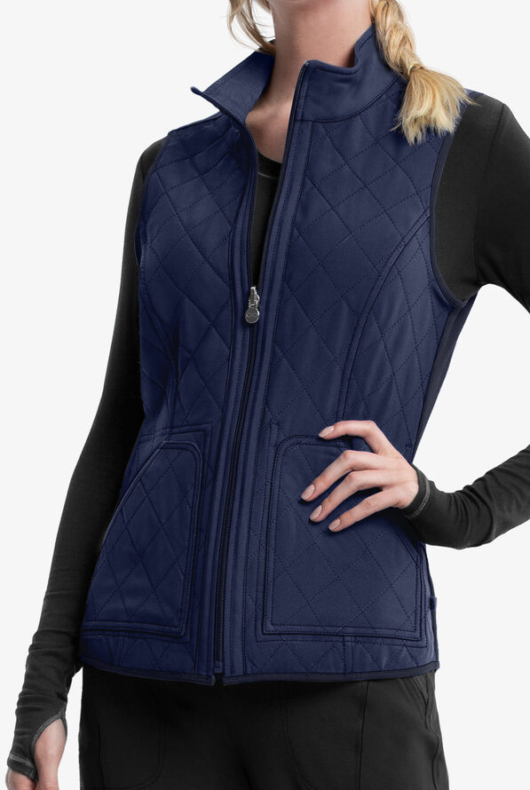 Cherokee Infinity Women's 4-Pocket STRETCH Reversible Quilted Scrub Vest - Heather Navy/Navy - 5