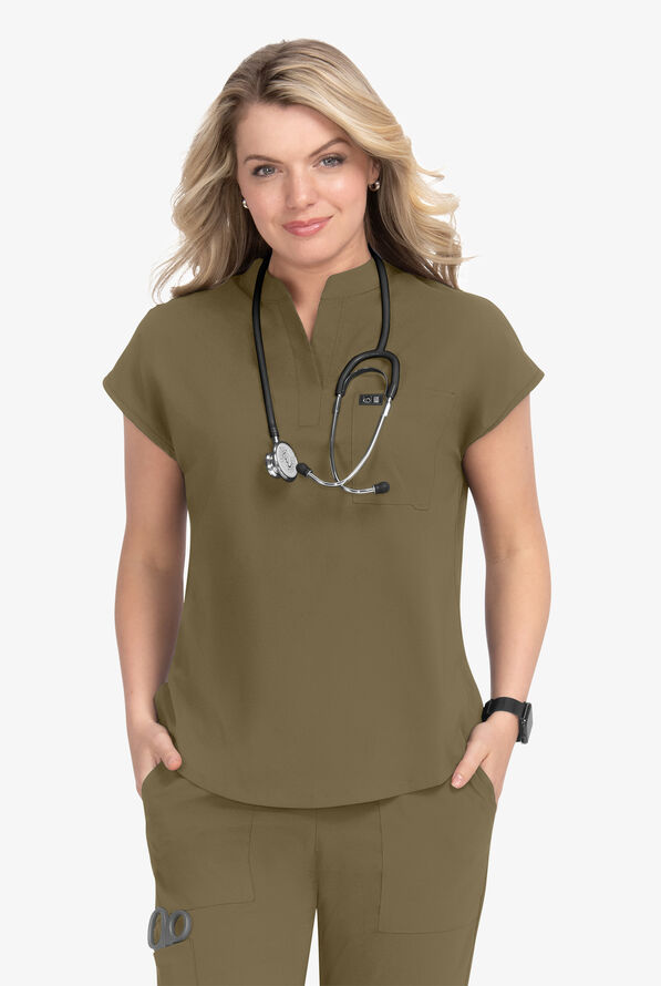 koi Basics Ari Women's 1-Pocket STRETCH Dolman Sleeve Mandarin Collar Scrub Top - Olive - 2