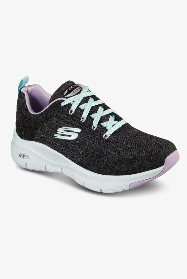 Skechers Sport Women's Arch Fit Comfy Wave Black/Lavender Trim Athletic Lace Up Nursing Shoes - null - 4