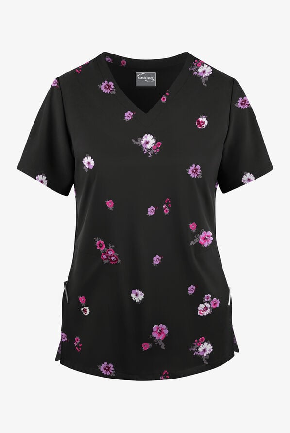 Butter-soft STRETCH Black Fall Blossom Women's 2-Pocket V-Neck Print Scrub Top - null - 1