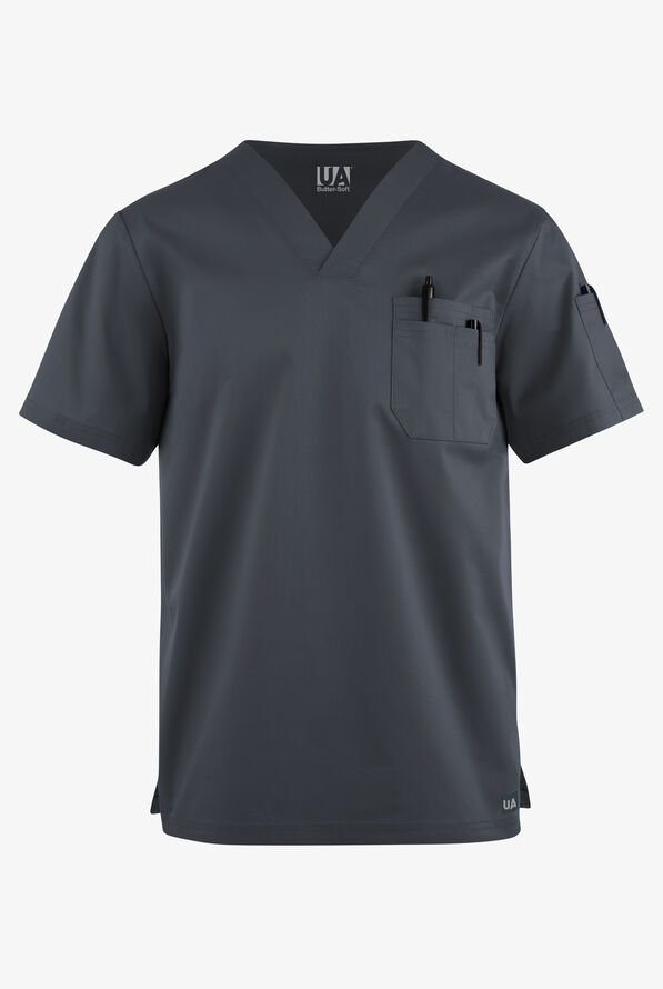 Butter-Soft STRETCH Men's 4-Pocket V-Neck Scrub Top - Pewter - 1