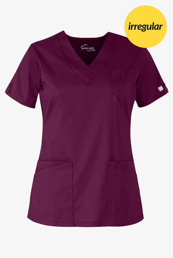 Butter-Soft STRETCH Women's 5-Pocket V-Neck Scrub Top **IRREGULAR** - Wine - 1