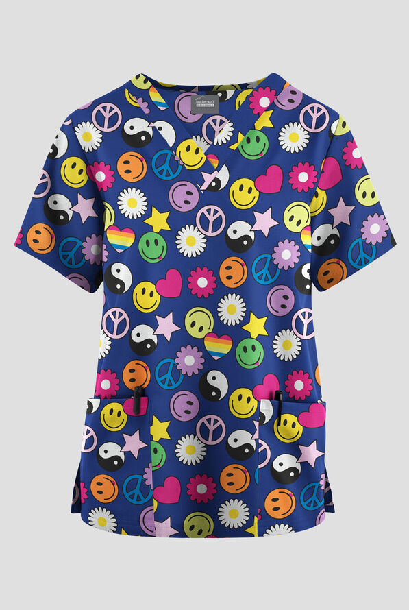 Blusa médica estampada Butter-soft Originals Peace Love Happiness Royal con cuello en V y 2 bolsillos para mujer - null - 1