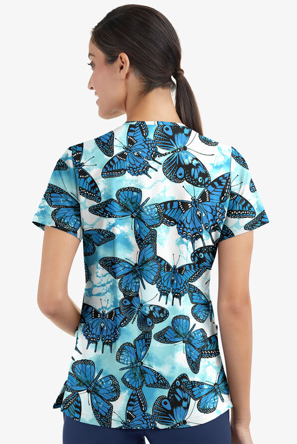 Easy STRETCH Butterfly Oasis Women's 2-Pocket Mitered V-Neck Print Scrub Top - null - 3
