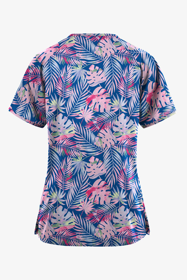 Butter-Soft Originals Tropical Garden Women's 3-Pocket Raglan Sleeve Mock Wrap Print Scrub Top - null - 2