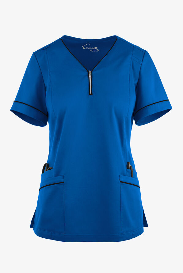 Blusa médica Butter-Soft STRETCH con cremallera y 5 bolsillos para mujer - Royal/Black - 1