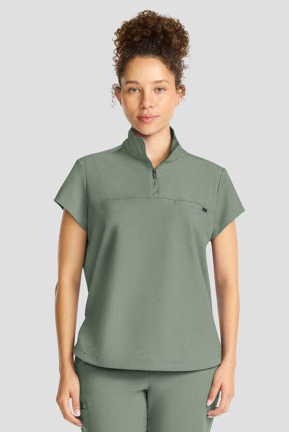 Healing Hands Quest Women's 1-Pocket STRETCH Tuck In Half Zip Collar Scrub Top - Acadia Green - 2