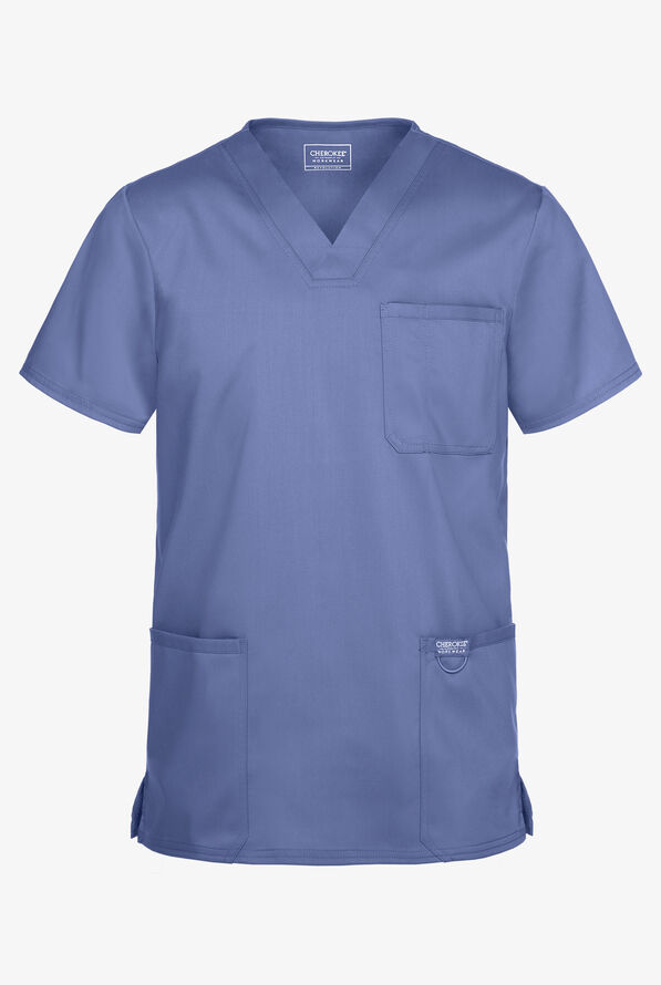 Cherokee Workwear Revolution Men's 3-Pocket STRETCH V-Neck Scrub Top - Ceil Blue - 1