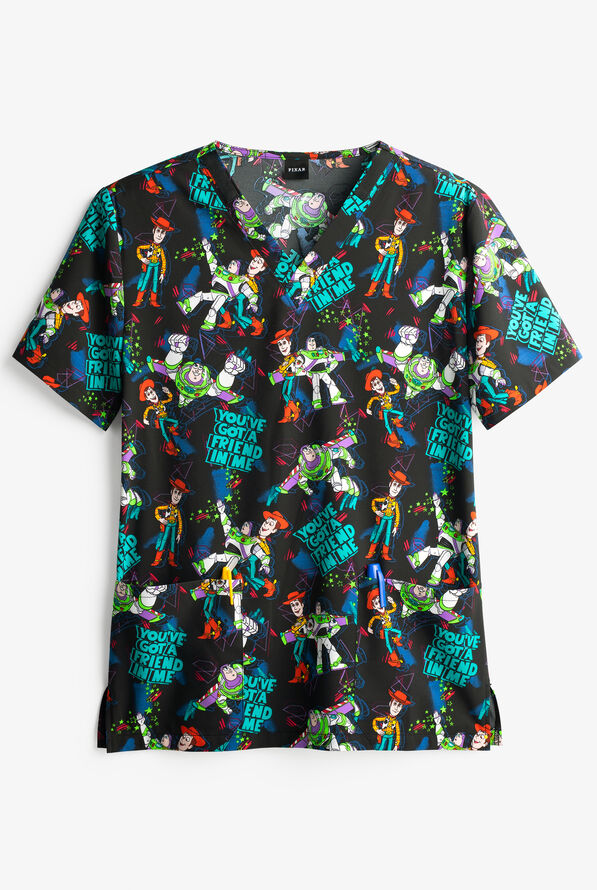 Tooniforms Disney's Toy Story Friend In Me Unisex 2-Pocket STRETCH V-Neck Print Scrub Top - null - 1