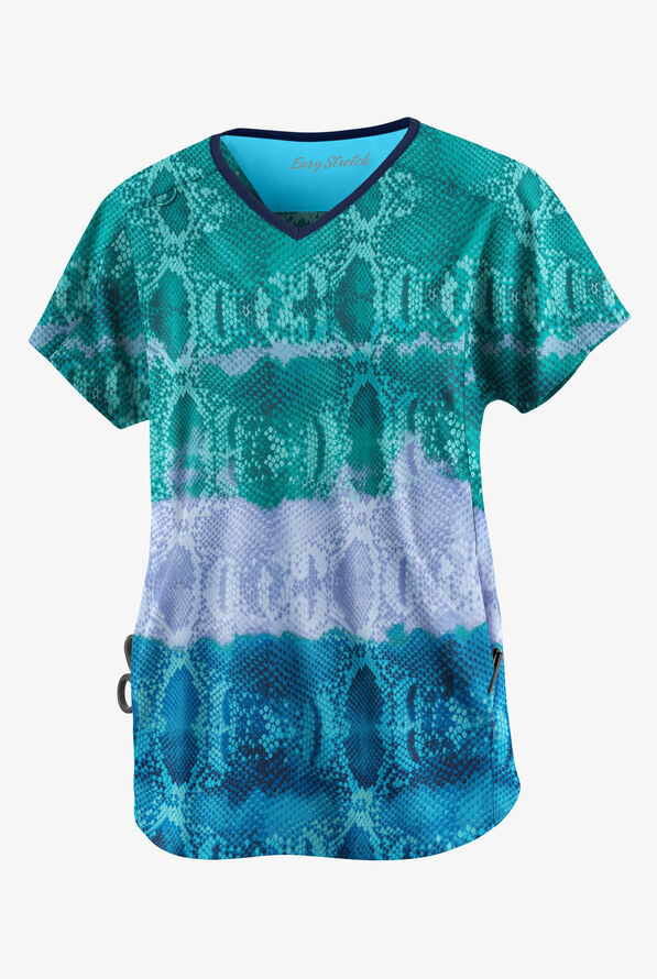 Easy STRETCH Wild Border Teal Women's 2-Pocket Dolman Sleeve V-Neck Print Scrub Top - null - 1