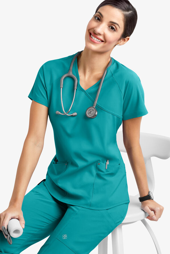 Blusa m&eacute;dica Easy STRETCH Cara con mangas ragl&aacute;n y 4 bolsillos para mujer - Teal - 6