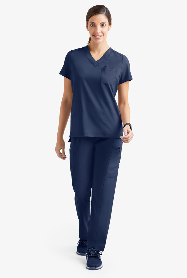 Easy STRETCH Taylor Women's 3-Pocket High Low Hem V-Neck Scrub Top - Navy - 2