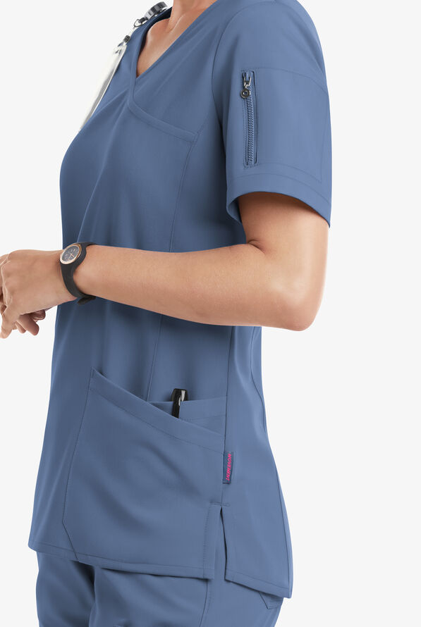 MOVEMENT by Butter-Soft Capella Women's 5-Pocket Faux Wrap STRETCH Scrub Top - Blue Horizon - 5