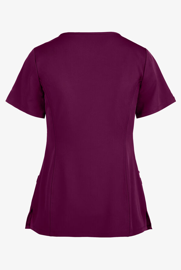 HH Works by Healing Hands Madison Women's 4-Pocket STRETCH Mock Wrap Scrub Top - Wine - 2