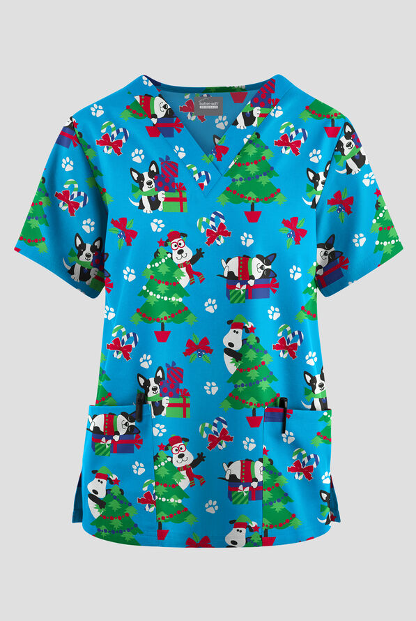 Butter-Soft Originals Wrapped In Joy Turquoise Women's 2-Pocket V-Neck Print Scrub Top - null - 1