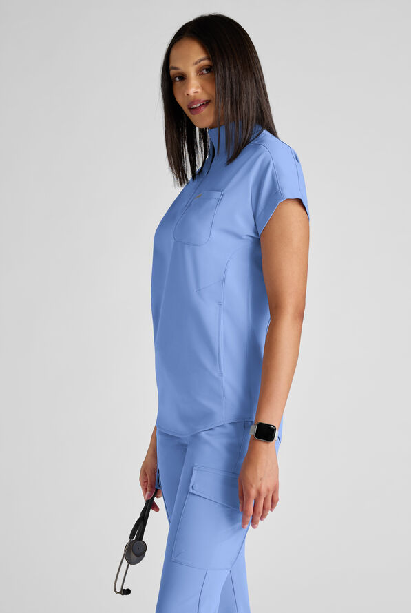 ReSurge Rhine Women's 5-Pocket Oversized Half Zip Stand Collar Scrub Top - Ceil Blue - 2