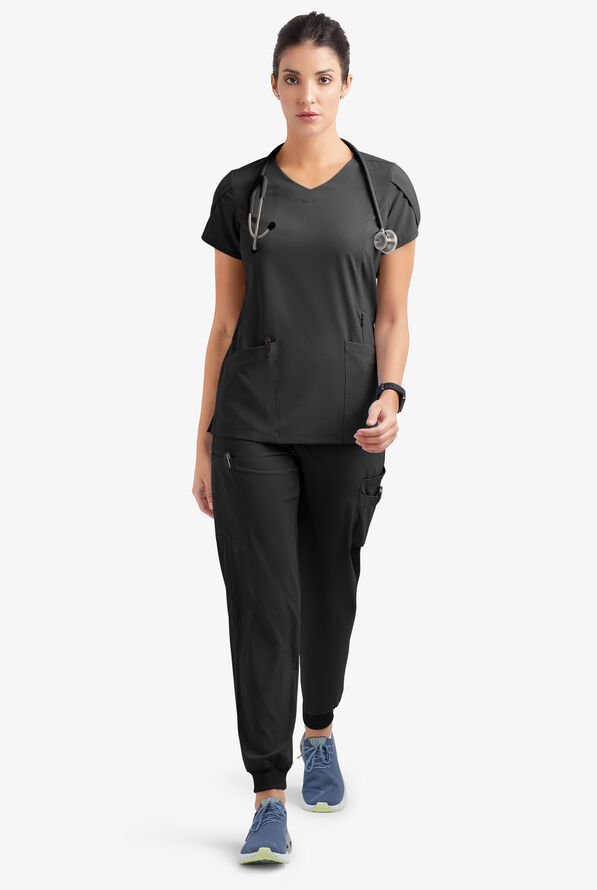 Blusa médica Easy STRETCH Daisy con cuello en V y 4 bolsillos para mujer - Onyx Black - 2