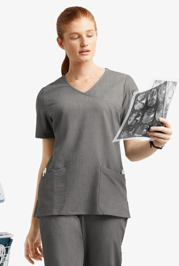 MOVEMENT by Butter-Soft Capella Women's 5-Pocket Faux Wrap STRETCH Scrub Top - Graphite Heather - 2