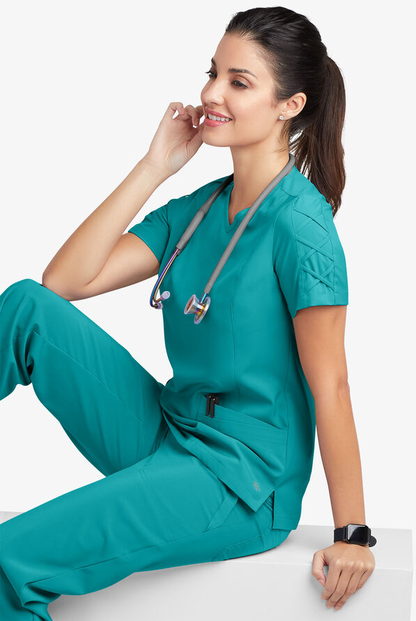 Easy STRETCH Kylie Woman's 5 Pocket V-Neck With Criss-Cross Detail Scrub Top - Teal - 8