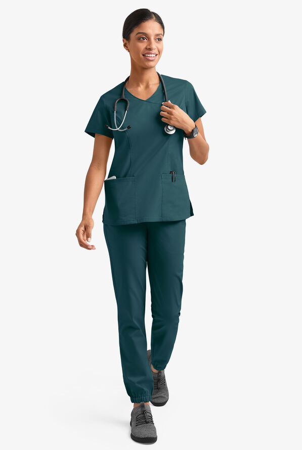 Butter-Soft STRETCH Women's 3-Pocket V-Neck Mock Wrap Scrub Top - Caribbean Blue - 6
