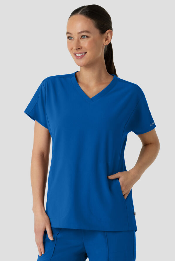 Wink Renew Women's 2-Pocket STRETCH Knit-Trim Dolman Tunic V-Neck Scrub Top - Royal - 3