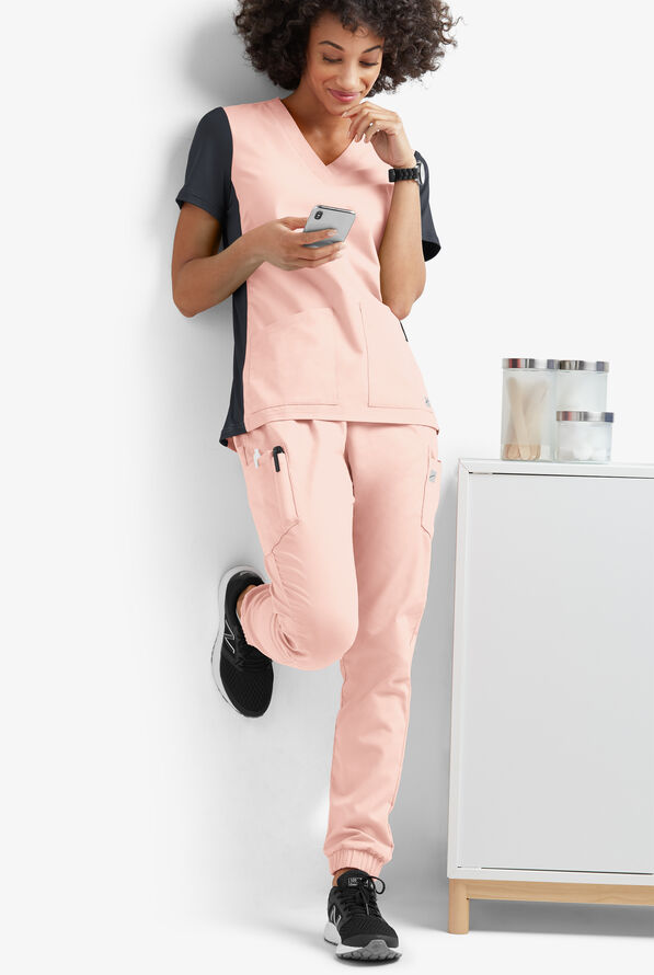 Butter-Soft Core Women's 3-Pocket Knit Panel V-Neck Scrub Top - Lotus/Pewter - 4