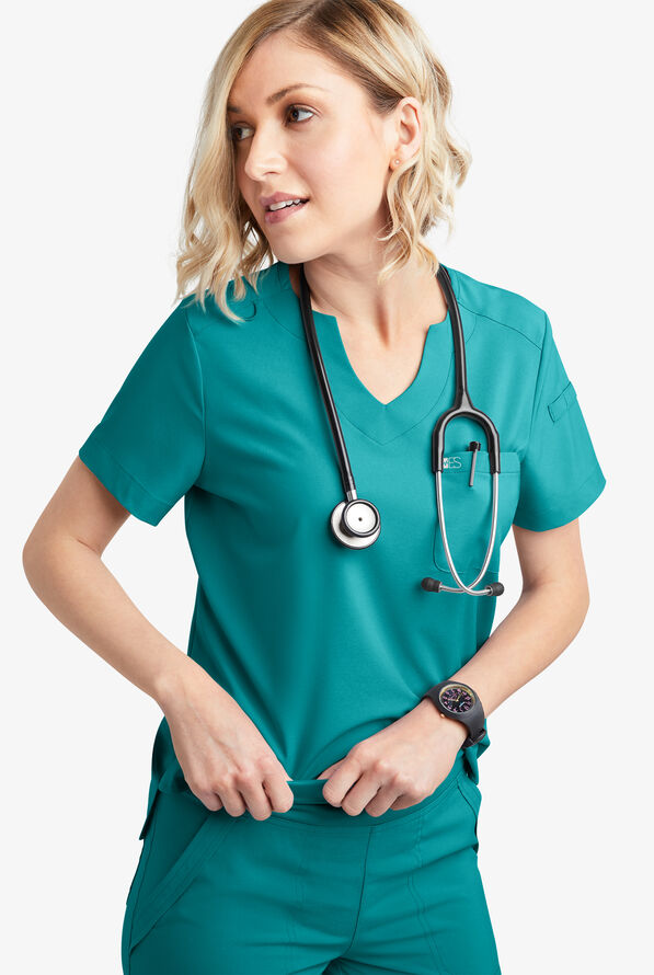 Easy STRETCH Nikki Women's 1-Pocket Scallop Neck Tuck-In Scrub Top - Teal - 6