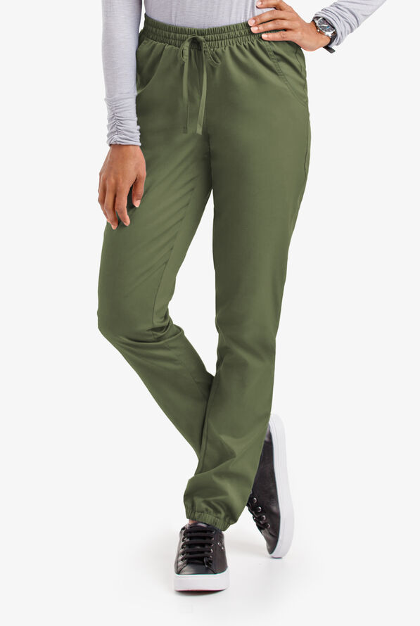 Butter-Soft STRETCH Women's 5-Pocket Jogger Scrub Pants - Petite - Light Olive - 1