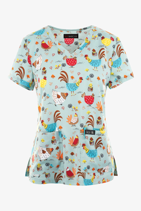 koi Basics Chicken With Glasses Women's 2-Pocket STRETCH V-Neck Print Scrub Top - null - 1