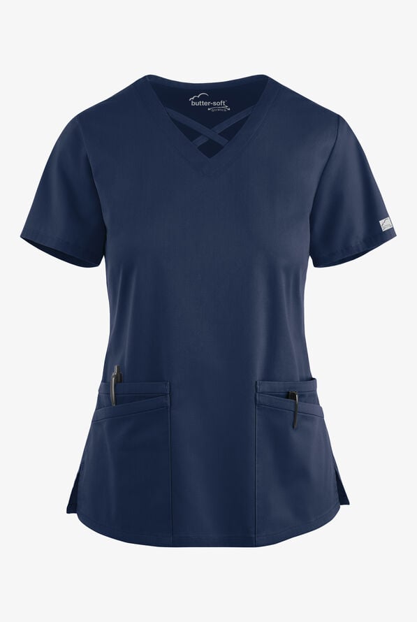 Blusa m&eacute;dica UA Butter-Soft STRETCH con lazos entrecruzados y 4 bolsillos para mujer - Navy - 1