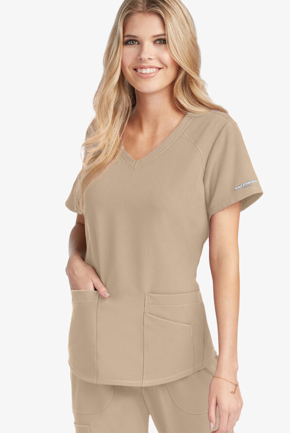 Skechers by Barco Breeze Women's 3-Pocket STRETCH V-Neck Scrub Top - Khaki - 2
